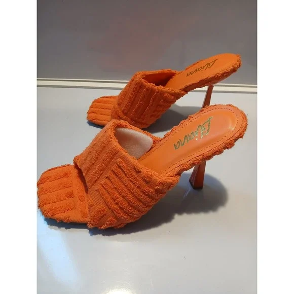 LIAYANA Orange Terry Cloth Open Toe Square Toe Heels Women Size 9 - Picture 4 of 9